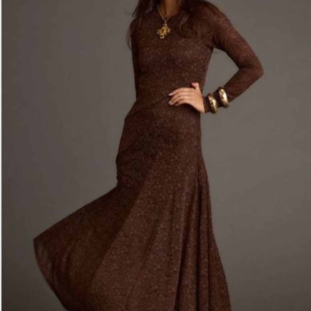 Brown Lace Long Sleeve Maxi Dress M